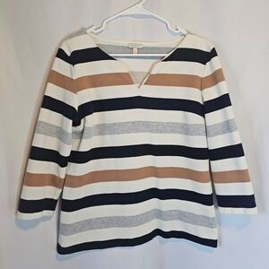 Talbots Womens Top Medium Striped Knit 3/4 Sleeve V Neck Casual Pullover